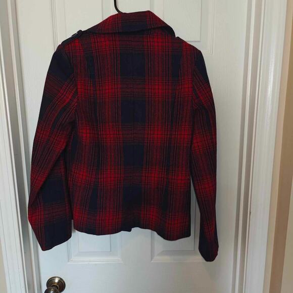 Old Navy Women Medium Red & Black Plaid Double Breasted Wool Blend Pea Coat - Picture 2 of 8